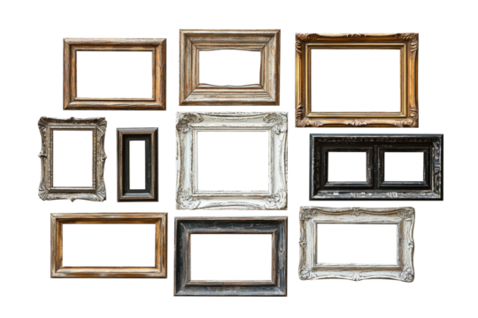 Collection of empty vintage frames on transparent background