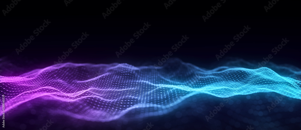 Aufkleber Music color wave of particles and lines. Big data visualization. Abstract blue background with a dynamic wave. 3d rendering.