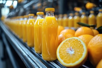 Orange juice bottles move on conveyor belt in factory with fruit foreground