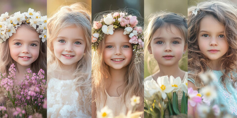Collage of girls in flower wreaths standing in blooming fields with soft smiles. Concept of nature beauty, childhood innocence