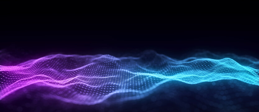 Music color wave of particles and lines. Big data visualization. Abstract blue background with a dynamic wave. 3d rendering.