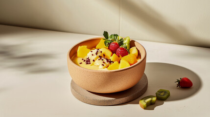 Kanten jelly dessert with mix of fruits, sliced peaches, mandarins, kiwi slices, strawberries and melons with chia seeds.