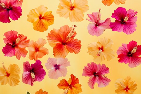 Colorful hibiscus flowers on yellow background.