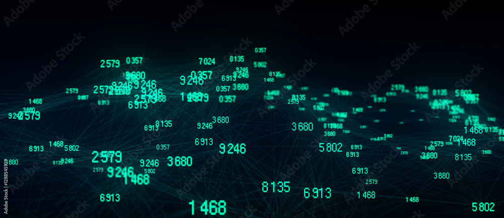 Fototapete Block chain technology concept. Big data visualization. Artificial intelligence. Green network connection structure. Abstract digital background with matrix. 3d rendering.