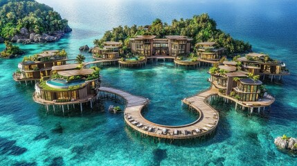 Obraz premium A mesmerizing view of a curved wooden pier connecting luxurious overwater villas, surrounded by vibrant coral reefs.
