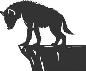 A hyena standing at the edge of a cliff, looking down vector animal silhouette