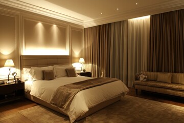 Modern luxury bedroom interior design featuring elegant lighting and minimalist furniture, offering a sophisticated and stylish ambiance