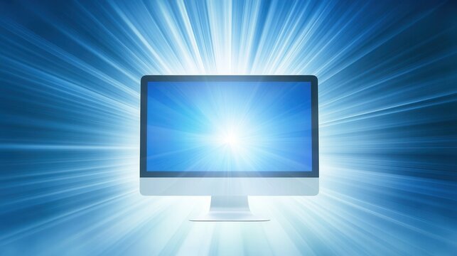 Glowing computer screen with radiant blue light burst effect.