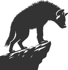 A hyena standing at the edge of a cliff, looking down vector animal silhouette