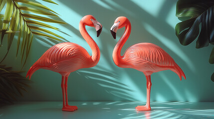 Fototapeta premium Two flamingo figurines on a vibrant surface, symbolizing elegance and simplicity in a bold color palette.