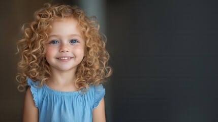 Smiling caucasian female child with curly blonde hair in blue dress.