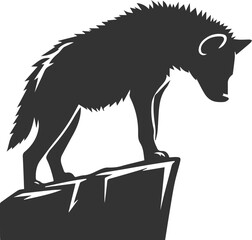A hyena standing at the edge of a cliff, looking down vector animal silhouette
