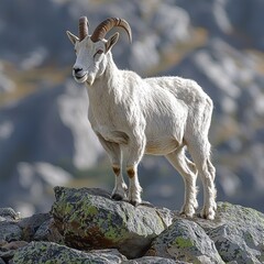 Obraz premium Mountain Goat stands proudly on rocky peak against a blurred mountain background