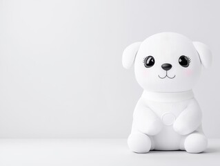 A cute white stuffed dog toy with big eyes sitting against a light background.