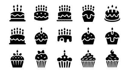 Set of Black and White Birthday Cakes and Cupcakes with Candles, Ideal for Celebration, Party, and Sweet Treat Designs