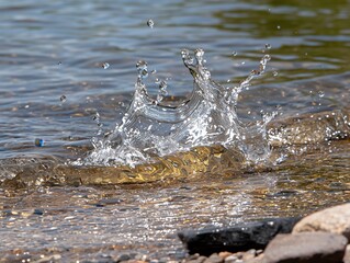 Water splashing against rocks creates dynamic ripples in a serene natural setting.