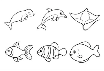 A set of six sea animal vector line art designs. Simple collection. Isolated bundle on white background.