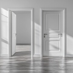 Two doors, one open and one closed, against a bright white wall in a room