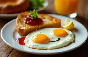 Fried eggs and toast with jam on a white plate, tasty breakfast serving