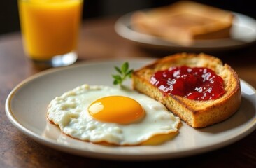 Fried eggs and toast with jam on a white plate, tasty breakfast serving
