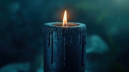 A mysterious black candle stands tall with melted wax drips, its steady flame casting a moody glow.
