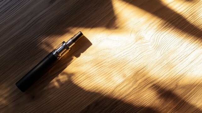 Vaping device on a wooden table with soft shadows from overhead lighting. Featuring serenity and personal space