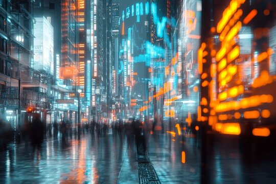 Futuristic financial market concept blending cityscape and digital data in vibrant colors