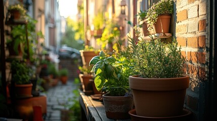 Fototapeta premium Sunset herbs potted alley garden
