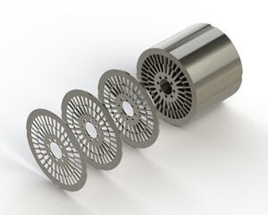 Electric motor stator and rotor illustration in exploded view