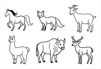 A set of six random animal vector line art designs. Simple collection. Isolated bundle on white background.