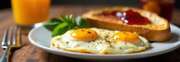 Fried eggs and toast with jam on a white plate, tasty breakfast serving