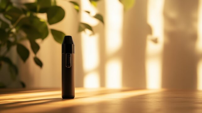 Vaping device on a wooden table with soft shadows from overhead lighting. Featuring serenity and personal space