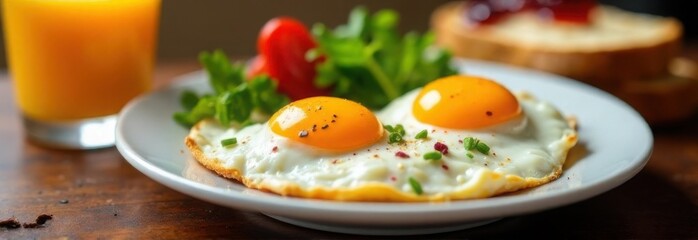 Fried eggs and toast with jam on a white plate, tasty breakfast serving