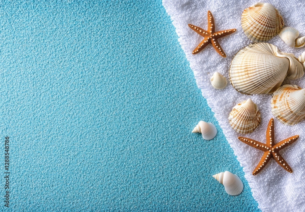 Poster blue background with seashells and starfish on a white towel, top view. background for a summer vaca