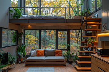 Room interior with bed, sofa, plants, stairs, and view of autumn trees outside