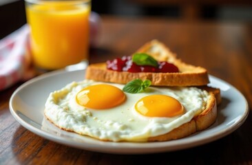 Fried eggs and toast with jam on a white plate, glass of orange juice, tasty breakfast serving