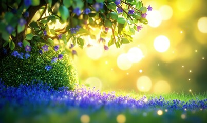 Obraz premium Lush garden scene with vibrant flowers and soft sunlight creating a dreamy atmosphere