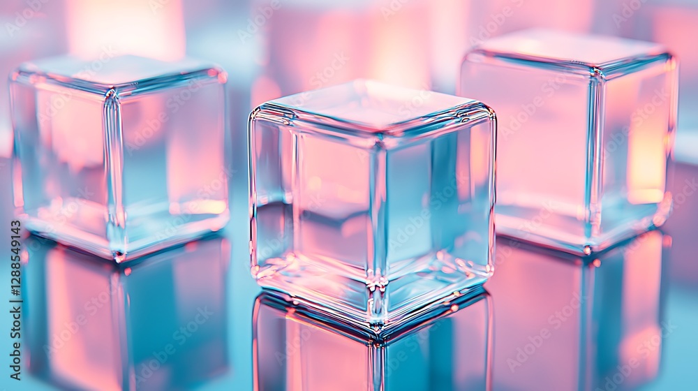 Poster Three transparent ice cubes in vibrant colors, reflecting on a surface.  Possible use in design projects