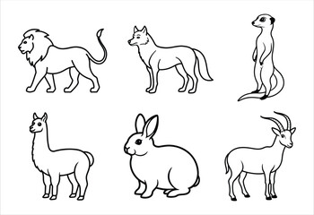 A set of six random animal vector line art designs. Simple collection. Isolated bundle on white background.