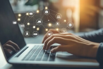 Person using laptop with interconnected digital icons displayed, representing global network and online connectivity.