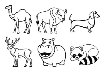 A set of six random animal vector line art designs. Simple collection. Isolated bundle on white background.