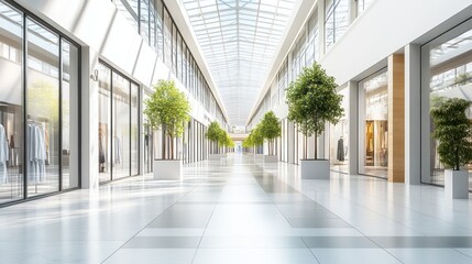 Modern mall interior, sunlight, shops, plants, walkway, retail, architecture, design, advertising