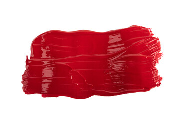 Acrylic red paint brush track blank art isolated on the white background