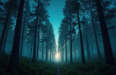 Fototapeta premium Misty forest at twilight with tall trees, glowing light, stars. Dark nature scenery evokes peaceful, tranquil, serene mood. Breathtaking wood landscape with hiking trail, mysterious nature background.