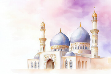 Obraz premium Majestic mosque with blue domes and minarets in soft pastel