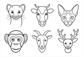 A set of six random animal face vector line art designs. Simple collection. Isolated bundle on white background.