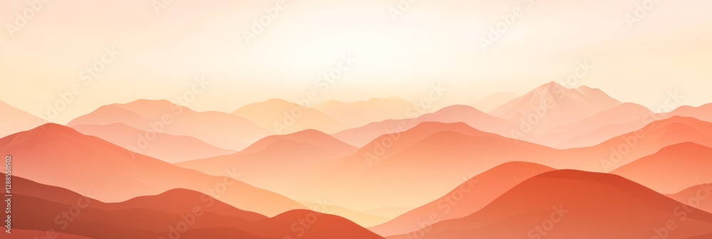 Poster warm sunlight illuminates layers of rolling mountains, creating a serene and minimalist landscape at