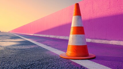 Orange traffic cone on vibrant pink road at sunset with purple shadows. Urban safety and vibrant color contrast concept