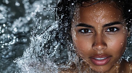 Woman, water splash, face, beauty, dark, background, portrait, skincare, advertisement