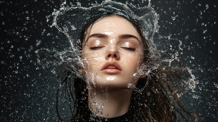 Woman, water splash, face, studio, dark, beauty, skincare, ad